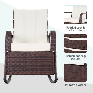 Outdoor Wicker Rocking Chair with Cushion, Patio PE Rattan Recliner Chair with Adjustable Footrest, Armrests, Cream White