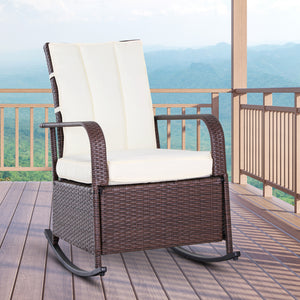 Outdoor Wicker Rocking Chair with Cushion, Patio PE Rattan Recliner Chair with Adjustable Footrest, Armrests, Cream White