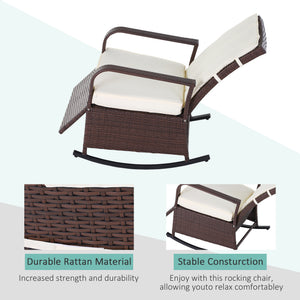 Outdoor Wicker Rocking Chair with Cushion, Patio PE Rattan Recliner Chair with Adjustable Footrest, Armrests, Cream White