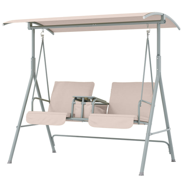 2 Person Porch Swing with Stand, Outdoor Swing with Canopy, Pivot Storage Table, 2 Cup Holders, Cushions for Patio, Backyard, Beige