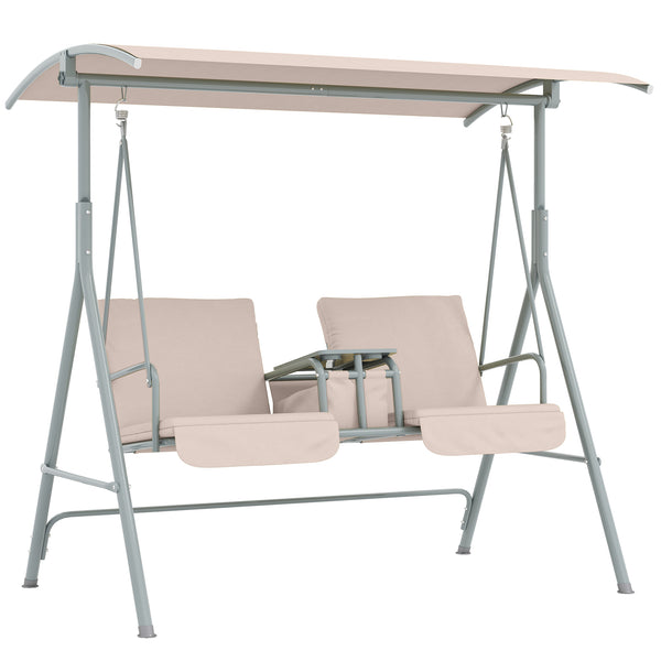 2 Person Porch Swing with Stand, Outdoor Swing with Canopy, Pivot Storage Table, 2 Cup Holders, Cushions for Patio, Backyard, Beige