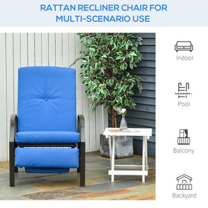 PE Rattan Outdoor Recliner Chair, Wicker Patio Lounge Chair with Adjustable Backrest, Retractable Footrest and Cushion, Blue