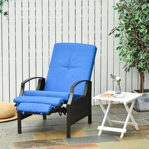 PE Rattan Outdoor Recliner Chair, Wicker Patio Lounge Chair with Adjustable Backrest, Retractable Footrest and Cushion, Blue