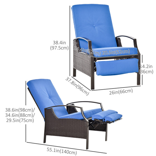 PE Rattan Outdoor Recliner Chair, Wicker Patio Lounge Chair with Adjustable Backrest, Retractable Footrest and Cushion, Blue