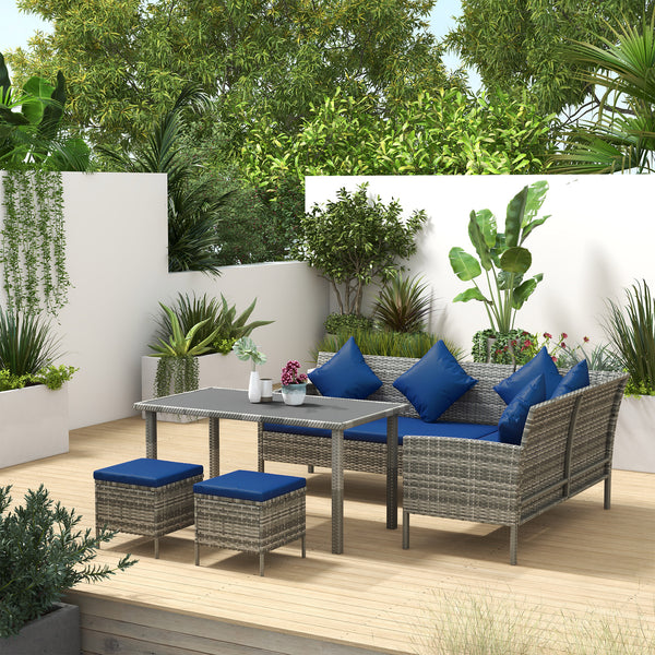 5 Pieces Rattan Garden Furniture Set, 6 Seater Wicker Dining Set, Corner Garden Sofa Outdoor Furniture Set with Glass Top Table, Footstool and Cushions for Patio, Dark Blue