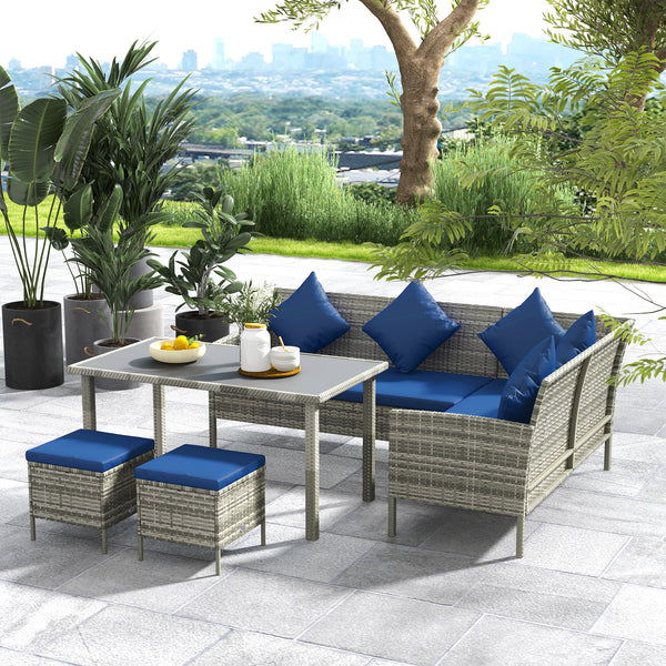 5 Pieces Rattan Garden Furniture Set, 6 Seater Wicker Dining Set, Corner Garden Sofa Outdoor Furniture Set with Glass Top Table, Footstool and Cushions for Patio, Dark Blue
