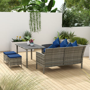 5 Pieces Rattan Garden Furniture Set, 6 Seater Wicker Dining Set, Corner Garden Sofa Outdoor Furniture Set with Glass Top Table, Footstool and Cushions for Patio, Dark Blue