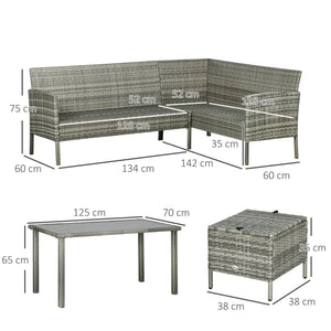 5 Pieces Rattan Garden Furniture Set, 6 Seater Wicker Dining Set, Corner Garden Sofa Outdoor Furniture Set with Glass Top Table, Footstool and Cushions for Patio, Dark Blue