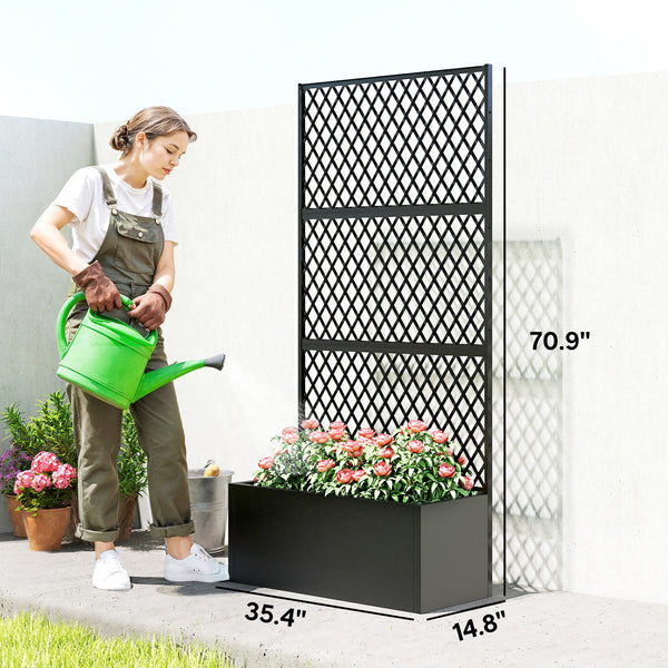 Metal Planter Box with Trellis, Raised Garden Bed with Trellis Privacy Screen and Drainage Holes for Climbing Plants, Diamond Lattice Privacy Planter for Garden, Patio, Balcony