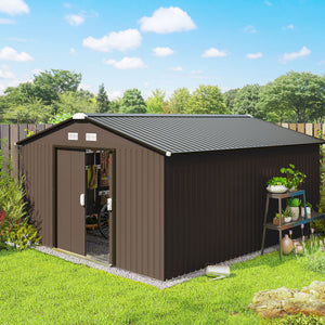 11' x 13' Garden Storage Shed with Foundation Kit, Metal Tool Storage House with Double Doors for Outdoor Patio Yard, Brown