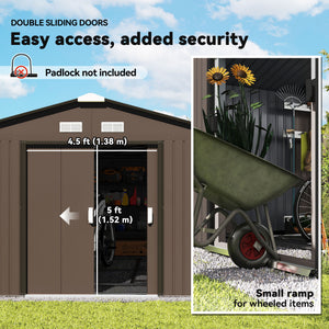 11' x 13' Garden Storage Shed with Foundation Kit, Metal Tool Storage House with Double Doors for Outdoor Patio Yard, Brown