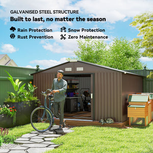 11' x 13' Garden Storage Shed with Foundation Kit, Metal Tool Storage House with Double Doors for Outdoor Patio Yard, Brown