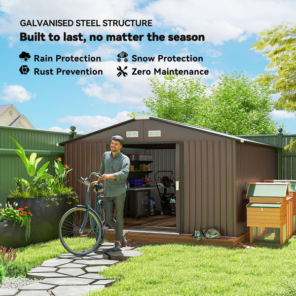 11' x 13' Garden Storage Shed with Foundation Kit, Metal Tool Storage House with Double Doors for Outdoor Patio Yard, Brown