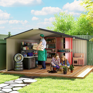 11' x 13' Garden Storage Shed with Foundation Kit, Metal Tool Storage House with Double Doors for Outdoor Patio Yard, Brown