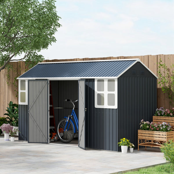 12' x 5.5' Outdoor Storage Shed, Metal Garden Shed Storage House with Window, Lockable Door, Vents, for Backyard, Patio, Lawn, Dark Grey
