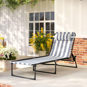 Folding Chaise Lounge Chair, Patio Sun Tanning Chair, Outdoor Chaise Lounger with 4-Position Reclining Back, Breathable Mesh Seat for Beach, Poolside, Yard, Blue and White