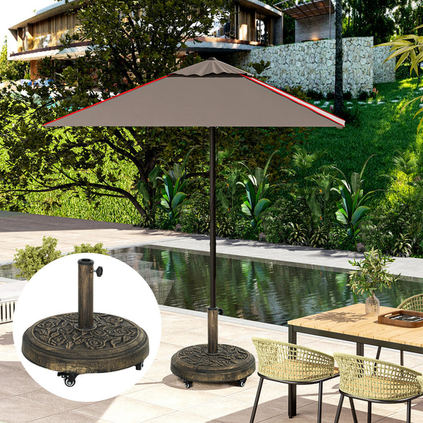 Round Patio Umbrella Base, 46 lbs Resin Umbrella Base with Wheels, Outdoor Umbrella Stand for 1.3"/1.5"/1.9" Umbrella Poles for Outdoor, Lawn, Poolside, Bronze