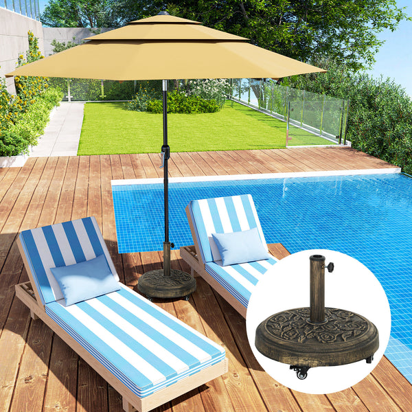 Round Patio Umbrella Base, 46 lbs Resin Umbrella Base with Wheels, Outdoor Umbrella Stand for 1.3"/1.5"/1.9" Umbrella Poles for Outdoor, Lawn, Poolside, Bronze