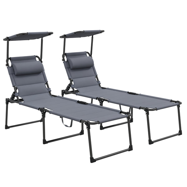 2 Pieces Outdoor Lounge Chair, Adjustable Backrest Folding Chaise Lounge, Cushioned Tanning Chair with Sunshade Roof & Pillow Headrest for Beach, Camping, Hiking, Gray