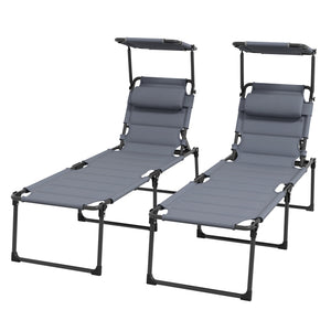 2 Pieces Outdoor Lounge Chair, Adjustable Backrest Folding Chaise Lounge, Cushioned Tanning Chair with Sunshade Roof & Pillow Headrest for Beach, Camping, Hiking, Gray