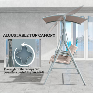 2 Person Porch Swing with Stand, Outdoor Swing with Canopy, Pivot Storage Table, 2 Cup Holders, Cushions for Patio, Backyard, Beige