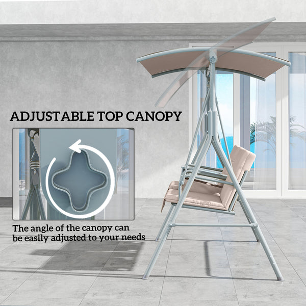 2 Person Porch Swing with Stand, Outdoor Swing with Canopy, Pivot Storage Table, 2 Cup Holders, Cushions for Patio, Backyard, Beige