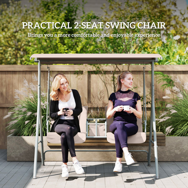 2 Person Porch Swing with Stand, Outdoor Swing with Canopy, Pivot Storage Table, 2 Cup Holders, Cushions for Patio, Backyard, Beige