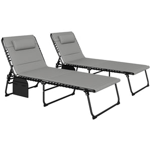 Folding Sun Loungers Set of 2, Recliner Garden Chairs with Quick Drying Pad Headrest Side Pocket, Garden Sun Loungers for Beach Pool, Light Grey