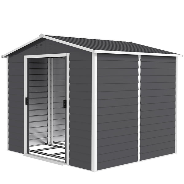 8' x 7' Outdoor Storage Shed, Easy to Assemble, Upgraded Galvanized Metal Garden Shed with Lockable Doors, Floor Frame and Gloves for Backyard, Lawn, Patio, Dark Grey
