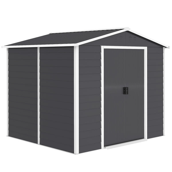 8' x 7' Outdoor Storage Shed, Easy to Assemble, Upgraded Galvanized Metal Garden Shed with Lockable Doors, Floor Frame and Gloves for Backyard, Lawn, Patio, Dark Grey