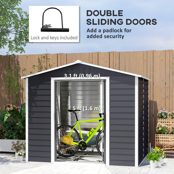 8' x 7' Outdoor Storage Shed, Easy to Assemble, Upgraded Galvanized Metal Garden Shed with Lockable Doors, Floor Frame and Gloves for Backyard, Lawn, Patio, Dark Grey