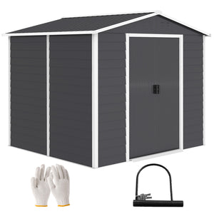 8' x 7' Outdoor Storage Shed, Easy to Assemble, Upgraded Galvanized Metal Garden Shed with Lockable Doors, Floor Frame and Gloves for Backyard, Lawn, Patio, Dark Grey