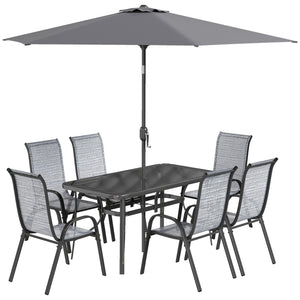 8 Pieces Patio Table and Chairs Set with 9 Ft Patio Umbrella, Outdoor Dining Set with 4.6 Ft Dining Table and 6 Chairs, Push Button Tilt and Crank Parasol, Tempered Glass Top, Mixed Gray