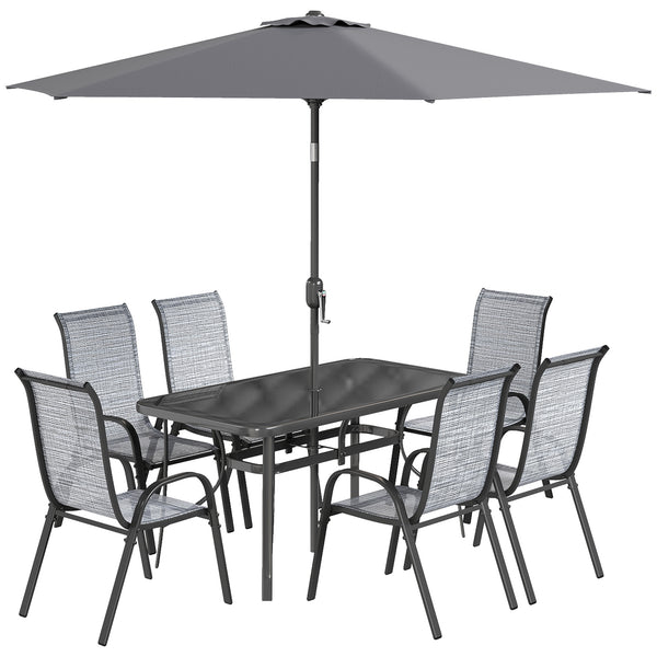 8 Pieces Patio Table and Chairs Set with 9 Ft Patio Umbrella, Outdoor Dining Set with 4.6 Ft Dining Table and 6 Chairs, Push Button Tilt and Crank Parasol, Tempered Glass Top, Mixed Gray