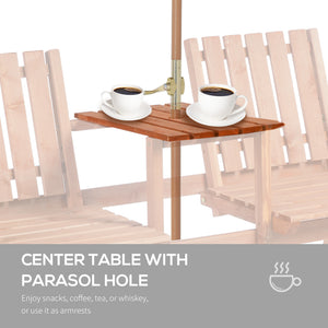 2-Seater Outdoor Wooden Bench with Middle Table and Umbrella Hole, Garden Bench for 2 Persons, Patio Loveseat with Slatted Seat and Back, Orange