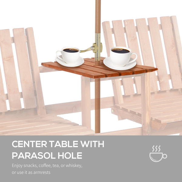 2-Seater Outdoor Wooden Bench with Middle Table and Umbrella Hole, Garden Bench for 2 Persons, Patio Loveseat with Slatted Seat and Back, Orange