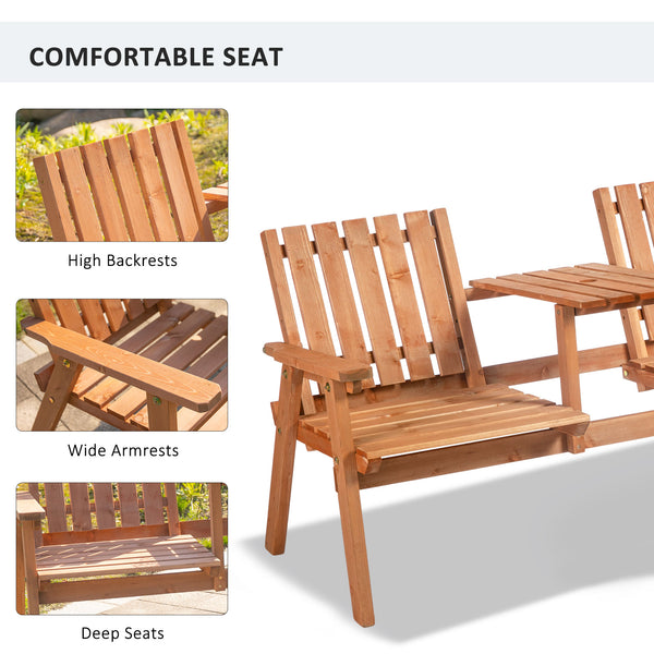 2-Seater Outdoor Wooden Bench with Middle Table and Umbrella Hole, Garden Bench for 2 Persons, Patio Loveseat with Slatted Seat and Back, Orange