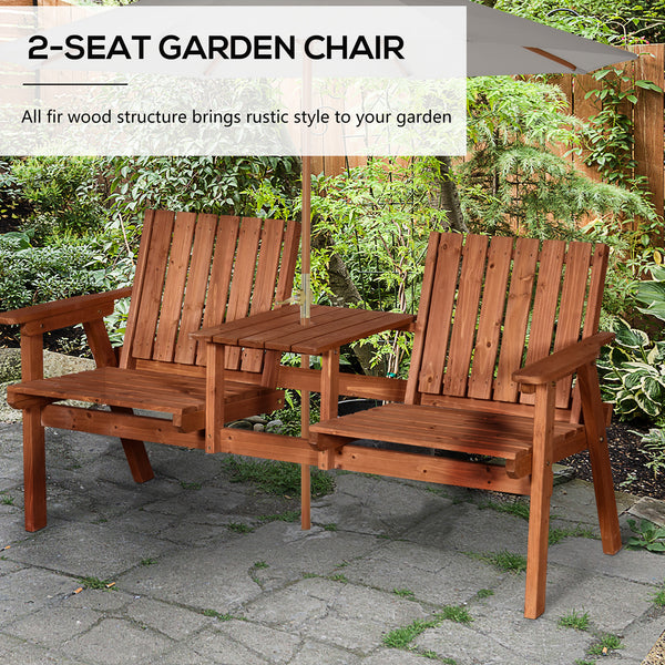 2-Seater Outdoor Wooden Bench with Middle Table and Umbrella Hole, Garden Bench for 2 Persons, Patio Loveseat with Slatted Seat and Back, Orange