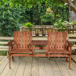 2-Seater Outdoor Wooden Bench with Middle Table and Umbrella Hole, Garden Bench for 2 Persons, Patio Loveseat with Slatted Seat and Back, Orange