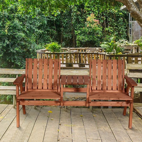 2-Seater Outdoor Wooden Bench with Middle Table and Umbrella Hole, Garden Bench for 2 Persons, Patio Loveseat with Slatted Seat and Back, Orange