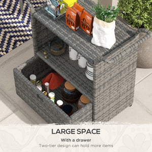Patio PE Wicker Garden Serving Cart with 2-Tier Shelf, Outdoor Wheeled Rattan Food Cart with Drawer, Handles, for Poolside, Garden, Mixed Grey
