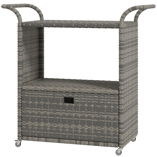 Patio PE Wicker Garden Serving Cart with 2-Tier Shelf, Outdoor Wheeled Rattan Food Cart with Drawer, Handles, for Poolside, Garden, Mixed Grey