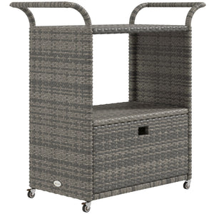 Patio PE Wicker Garden Serving Cart with 2-Tier Shelf, Outdoor Wheeled Rattan Food Cart with Drawer, Handles, for Poolside, Garden, Mixed Grey