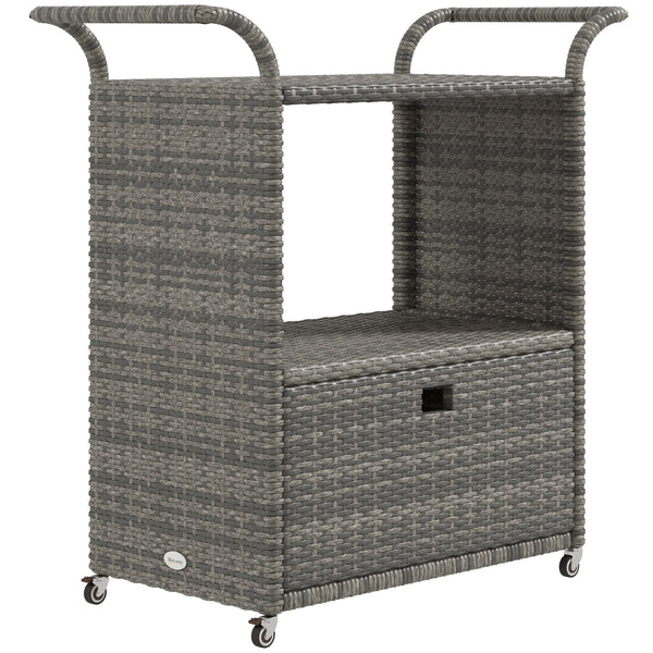 Patio PE Wicker Garden Serving Cart with 2-Tier Shelf, Outdoor Wheeled Rattan Food Cart with Drawer, Handles, for Poolside, Garden, Mixed Grey