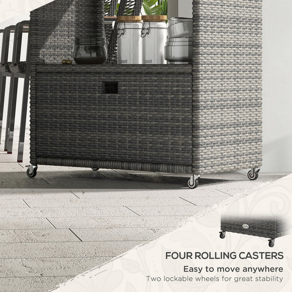 Patio PE Wicker Garden Serving Cart with 2-Tier Shelf, Outdoor Wheeled Rattan Food Cart with Drawer, Handles, for Poolside, Garden, Mixed Grey