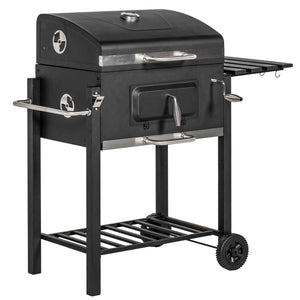 Charcoal Grill BBQ Trolley with Adjustable Charcoal Grate, Garden Metal Smoker Barbecue with Shelf, Side Table, Wheels, Built-in Thermometer, Bottle Opener