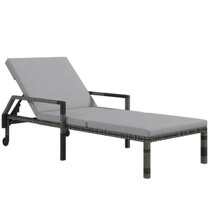 Outdoor PE Rattan Sun Lounger, 5-Level Adjustable Backrest Wicker Outdoor Chaise Recliner, Garden Chair with 2 Wheels, Grey