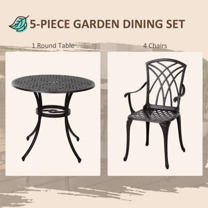 5 Pieces Outdoor Dining Set, Cast Aluminium Patio Table and Chairs with Parasol Hole for Garden Backyard Poolside, Patio Dining Set for 4, Brown