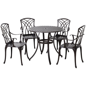 5 Pieces Outdoor Dining Set, Cast Aluminium Patio Table and Chairs with Parasol Hole for Garden Backyard Poolside, Patio Dining Set for 4, Brown
