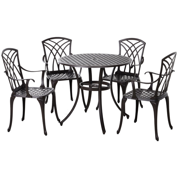 5 Pieces Outdoor Dining Set, Cast Aluminium Patio Table and Chairs with Parasol Hole for Garden Backyard Poolside, Patio Dining Set for 4, Brown
